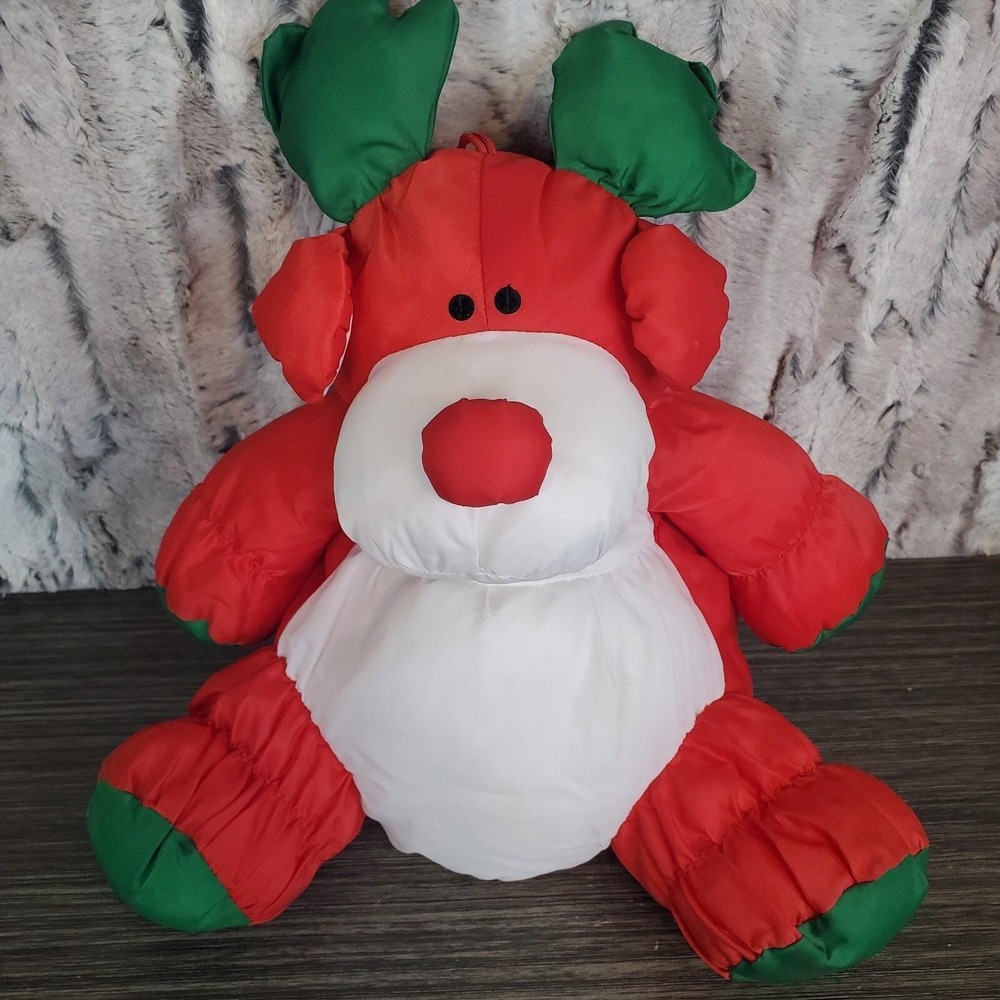 Stuffins Puffy Nylon Reindeer Plush 10" Soft Stuffed Christmas Holiday Red Green